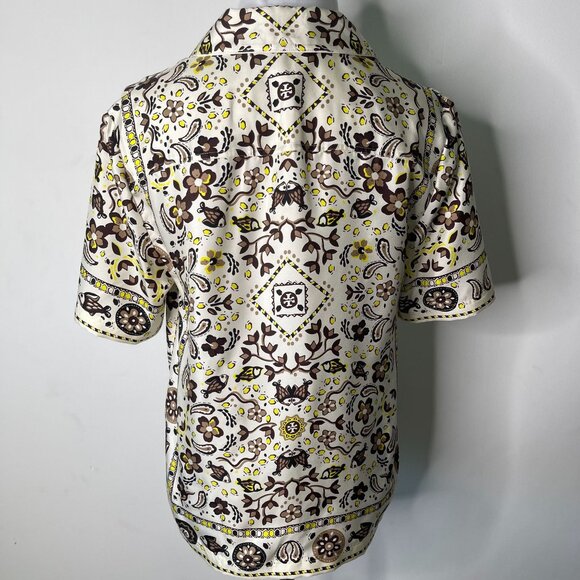 Tory Burch Women's White Brown Button Down Short Sleeve Pattern Shirt Silk 0 - Picture 4 of 10
